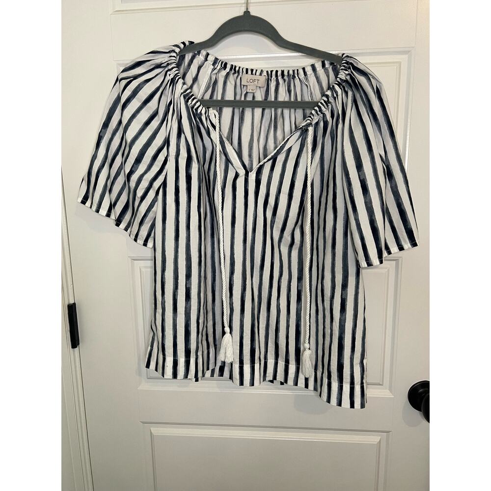 Ann Taylor Loft small navy/white striped tie neck short sleeve blouse
